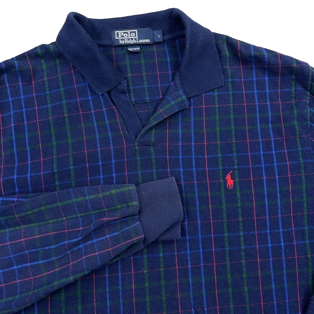 Vintage Polo Ralph Lauren Polo Shirt Men Large Blue Red Plaid Long Sleeve Rugby